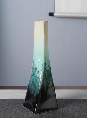 异形陶瓷花瓶几何体摆件颜色釉孔雀绿方形家居客厅现代简约花器