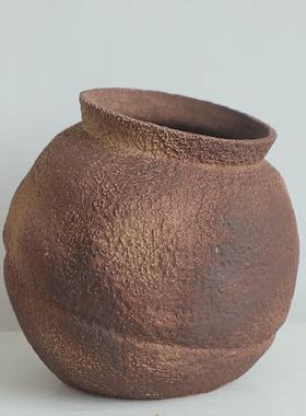 侘寂风粗陶花器禅意花瓶插干花中古花瓶手工陶罐陶瓷日式装饰摆件