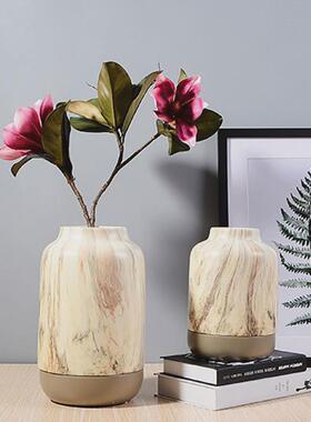 轻奢大理石纹理陶瓷花瓶大口径插花瓶镀金防滑底座家居客厅盆栽瓶