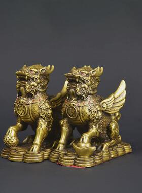 宏达全黄铜踏球财福麒麟家居玄关铜麒麟铜器礼品摆件