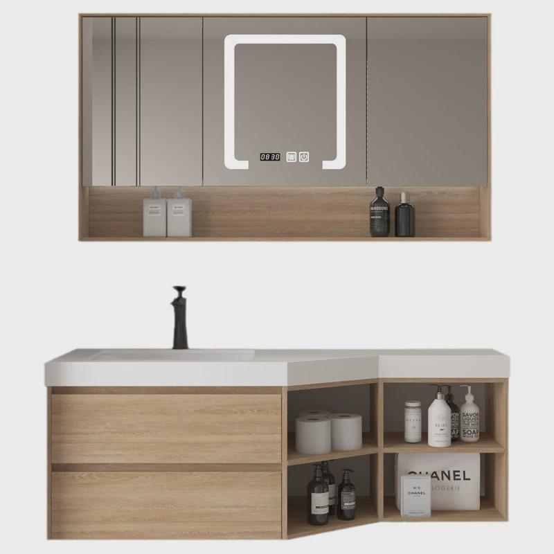 原木色岩板陶瓷盆浴室柜组合斜切角窄异形卫生间洗脸洗手池洗漱台 - 图0