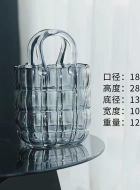 网红创意格子包包玻璃花瓶轻奢创意摆件水养插花鱼缸玻璃花瓶