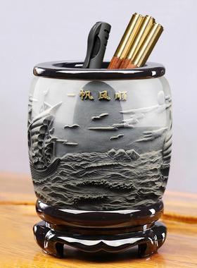 水晶浮雕旋转办公室中国风创意笔筒桌面装饰摆件实用商务礼品批发