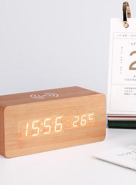 led多功能闹钟手机无线充电创意数字电子钟客厅时钟静音温度计