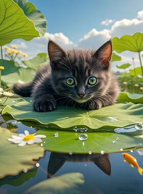 新款仿真小猫猫躺在荷花