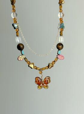 B.treasure 小众设计感树叶蝴蝶串珠项链女复古森林系长款毛衣链