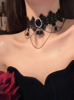 黑色项圈女颈带禁欲系蕾丝万圣节配饰化妆脖子饰品锁骨链choker
