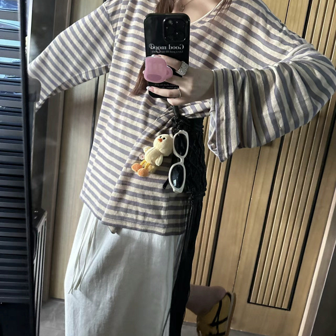 天丝麻~慵懒风条纹大领口喇叭袖薄款防晒t恤女宽松空调罩衫上衣