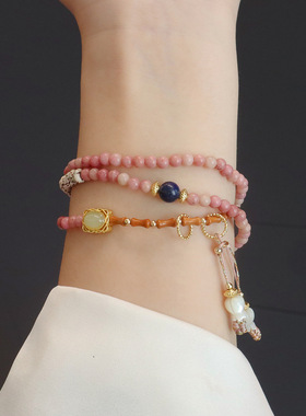 新中式天然红纹石多圈手链粉晶貔貅星月菩提橄榄多圈手串文创饰品