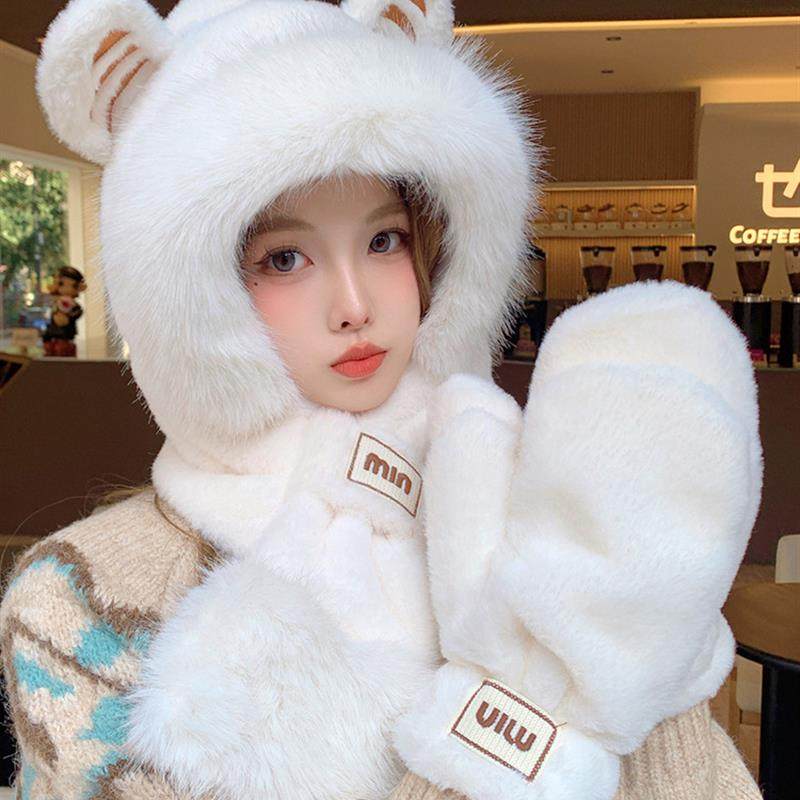 2024年冬季女性填充帽新围巾全合一保暖加厚天鹅绒围巾三件套自行,淘宝优惠券,粉丝福利购,淘宝优惠卷