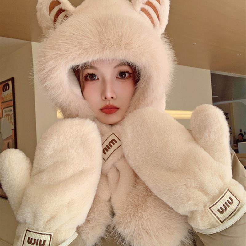 2024年冬季女性填充帽新围巾全合一保暖加厚天鹅绒围巾三件套自行,淘宝优惠券,粉丝福利购,淘宝优惠卷