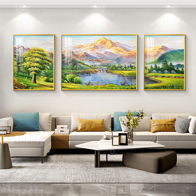 聚宝盆山水画客厅装饰画高级感沙发背景墙挂画2025新款手绘油画