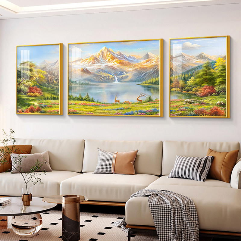 聚宝盆山水画客厅装饰画高级感沙发背景墙挂画2025新款手绘油画