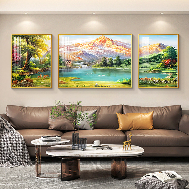 聚宝盆山水画客厅装饰画高级感沙发背景墙挂画2025新款手绘油画