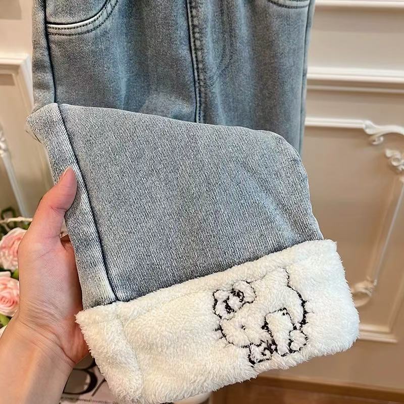 女童2025冬季新款舒适牛仔裤加绒加厚女宝宝可爱洋气休闲宽松裤子 - 图3