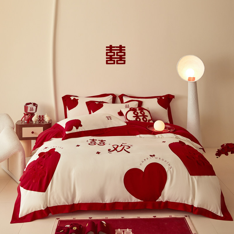 中式婚庆四件套纯棉大红色床单被罩高档全棉结婚陪嫁婚房床上用品,淘宝优惠券,粉丝福利购,淘宝优惠卷