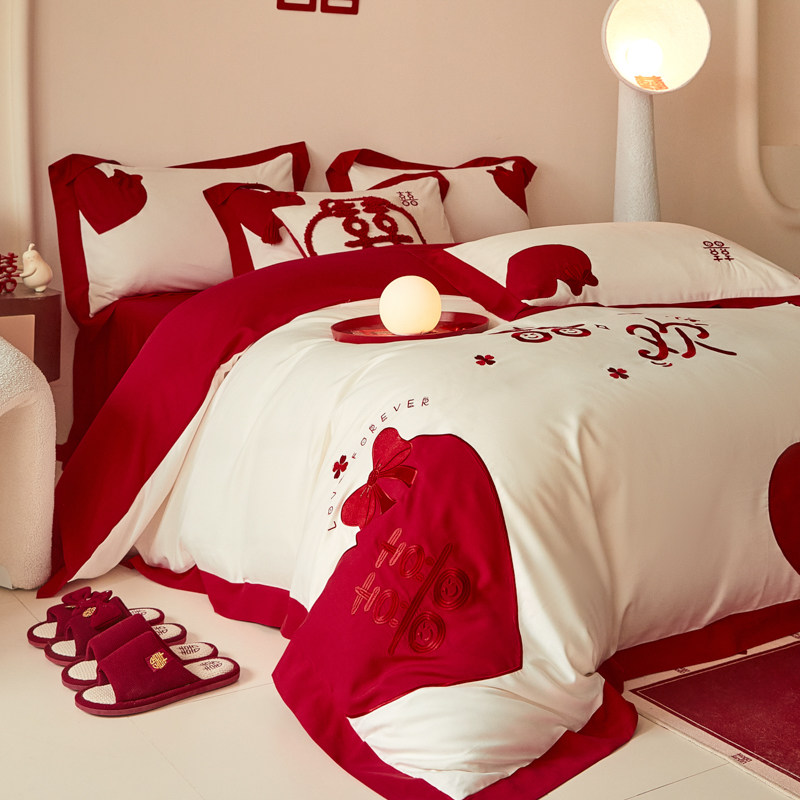 中式婚庆四件套纯棉大红色床单被罩高档全棉结婚陪嫁婚房床上用品,淘宝优惠券,粉丝福利购,淘宝优惠卷