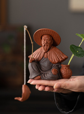 姜太公钓鱼摆件陶瓷禅意人物姜子牙渔翁盆景假山鱼缸造景装饰摆设