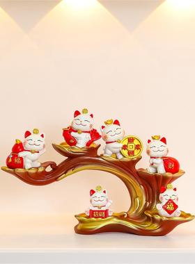 中式喜庆招财猫摆件玄关装饰乔迁新居礼品发财树前台酒柜置物架
