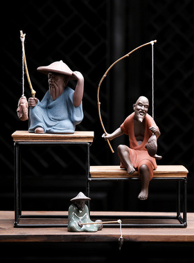 盆景姜太公钓鱼翁老头小摆件陶瓷微景观人物鱼缸装饰造景布景配件