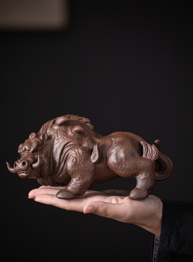紫砂茶宠霸气猪刚鬣手工可养财大气粗野猪茶盘办公家居摆件工艺品