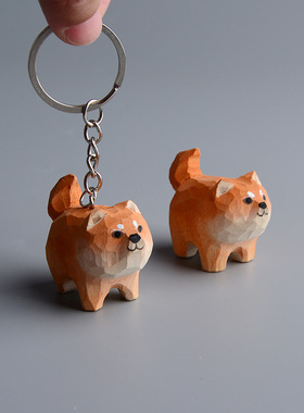 木雕秋田犬摆件手工雕刻狗狗钥匙扣挂件创意木质工艺品学生礼品