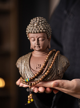 陶瓷佛头佛首禅意家居玄关摆件创意鱼缸造景紫砂如来半身佛像装饰