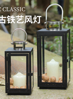 黑色风灯民宿摆件点蜡烛的灯笼落地烛台户外防风蜡烛台座复古马灯