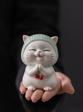 可爱卡通陶瓷招财许愿猫咪小摆件客厅办公室桌面装饰汽车载工艺品