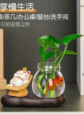 水培绿萝器皿招财猫办公桌面创意装饰解压公仔迷你绿植养殖玻璃瓶