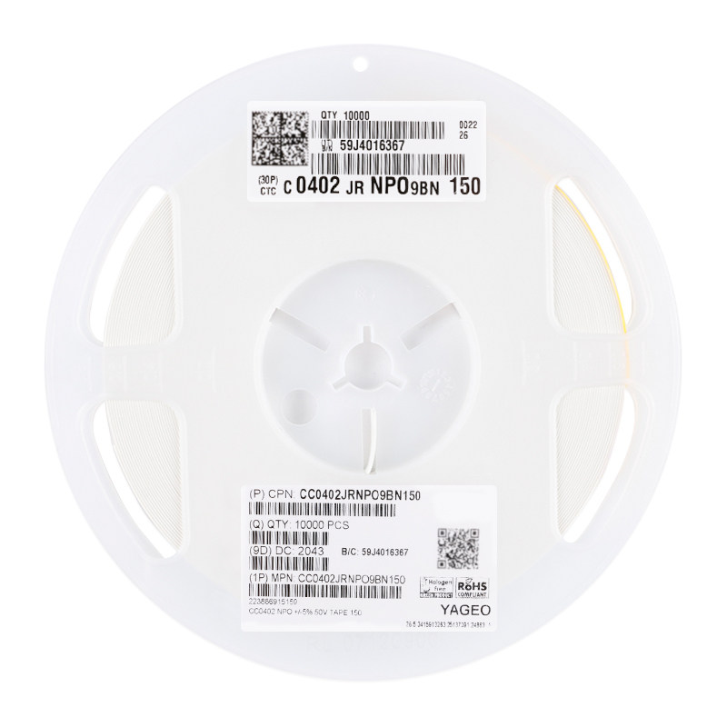 原装 0402贴片电容 15pF(150) ±5% 50V NP0 CC0402JRNPO9BN150 - 图0