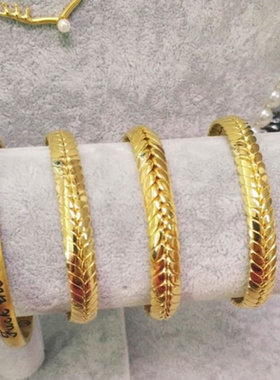 复古手环不褪色 麻花田园开口手镯24K钛钢包金女麦穗镯子新年礼物