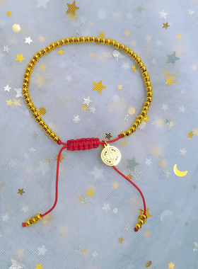 手工编织喜字福牌18K包金豆豆金珠手链红绳女圆珠可调节手绳礼物