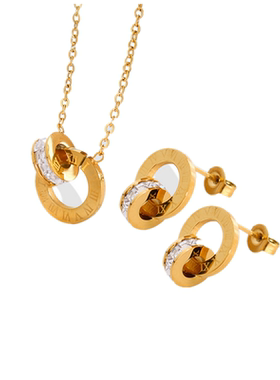 欧美个性风潮罗马带钻双环耳环项链钛钢首饰套装镀18K金色锁骨链