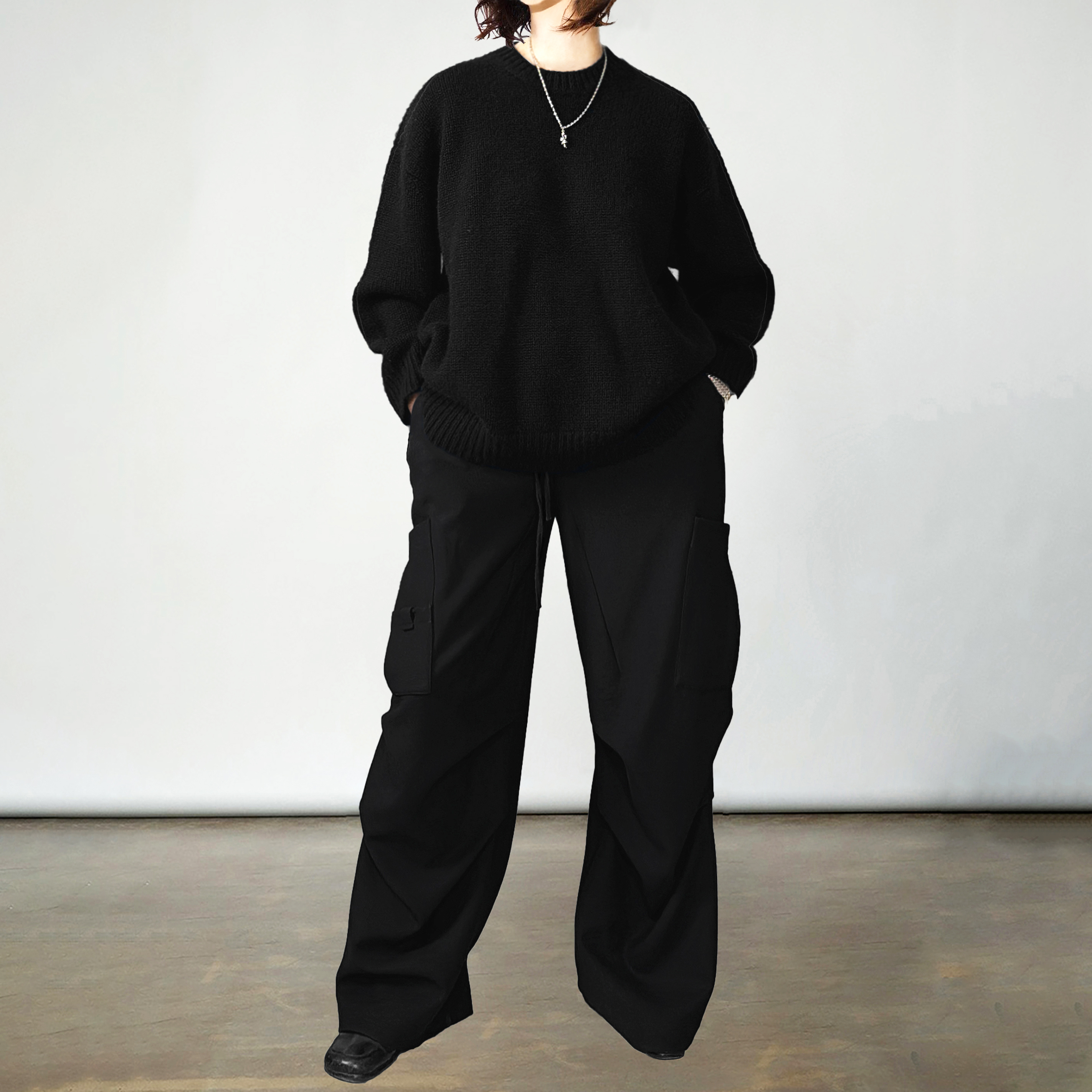 陈小满原创设计黑色精纺全羊绒宽松圆领针织衫女2025秋季内搭毛衣 - 图1