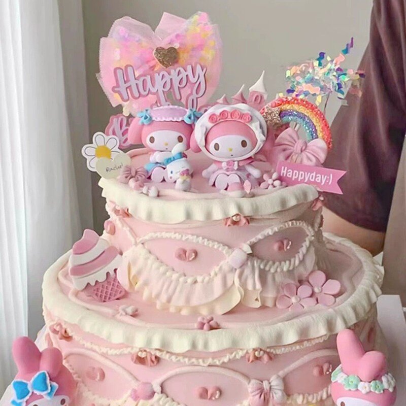 卡通粉色蛋糕装饰摆件玉桂狗猫咪女孩公主儿童生日插件装扮配件 - 图0