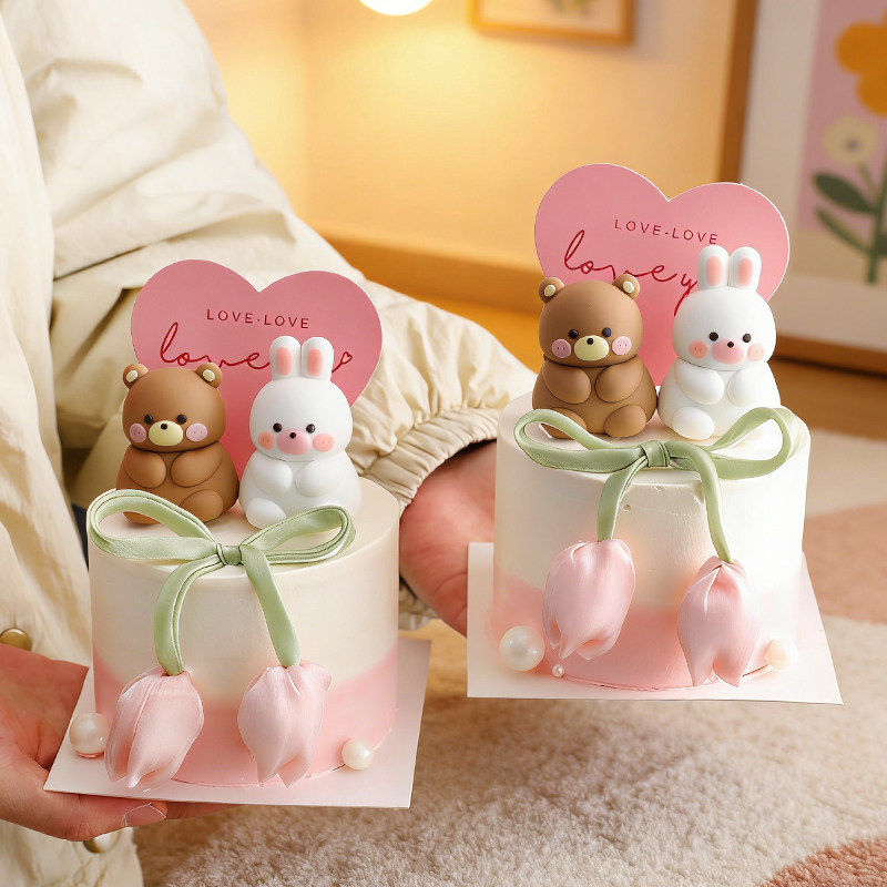 214情人节蛋糕装饰卡通可爱熊兔摆件love爱心卡片郁金香花苞插件,淘宝优惠券,粉丝福利购,淘宝优惠卷