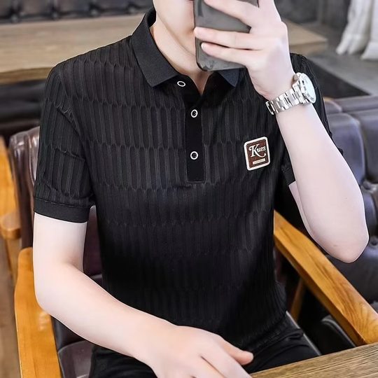 短袖t恤男士高级感提花冰丝polo衫夏季冰感速干薄款半袖有领体恤