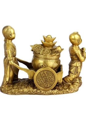 全铜推车送宝童子家居摆设