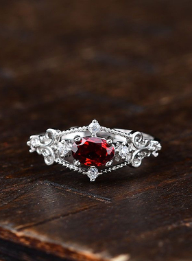 天然酒红色石榴石戒指女款开口可调节活口戒指椭圆戒面复古镂空戒