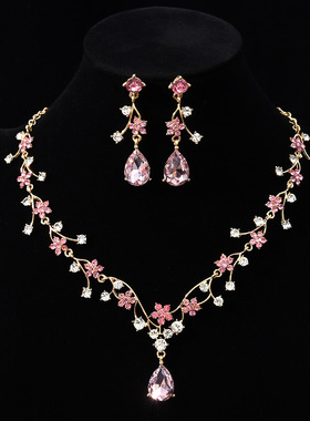 新款时尚气质花朵锆石超闪项链耳环套装新娘礼服项链饰品现货批发