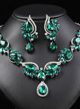 欧美多色水晶项链套装女时尚新娘套链耳环宴会礼服配饰热销款现货