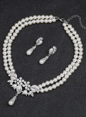 2024新品欧美首饰套装珍珠项链耳环新娘婚纱晚宴礼服饰品配饰女