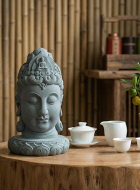 青砂石佛首摆件佛头工艺品家居禅意客厅玄关茶桌鱼缸创意装饰
