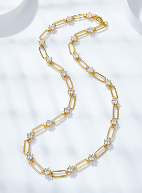 欧美ins复古风叠戴款4.5mm圆形D色莫桑钻银镀黄金18k金回形针项链