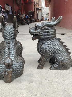 黄铜招财坐麒麟神兽一对大号摆件