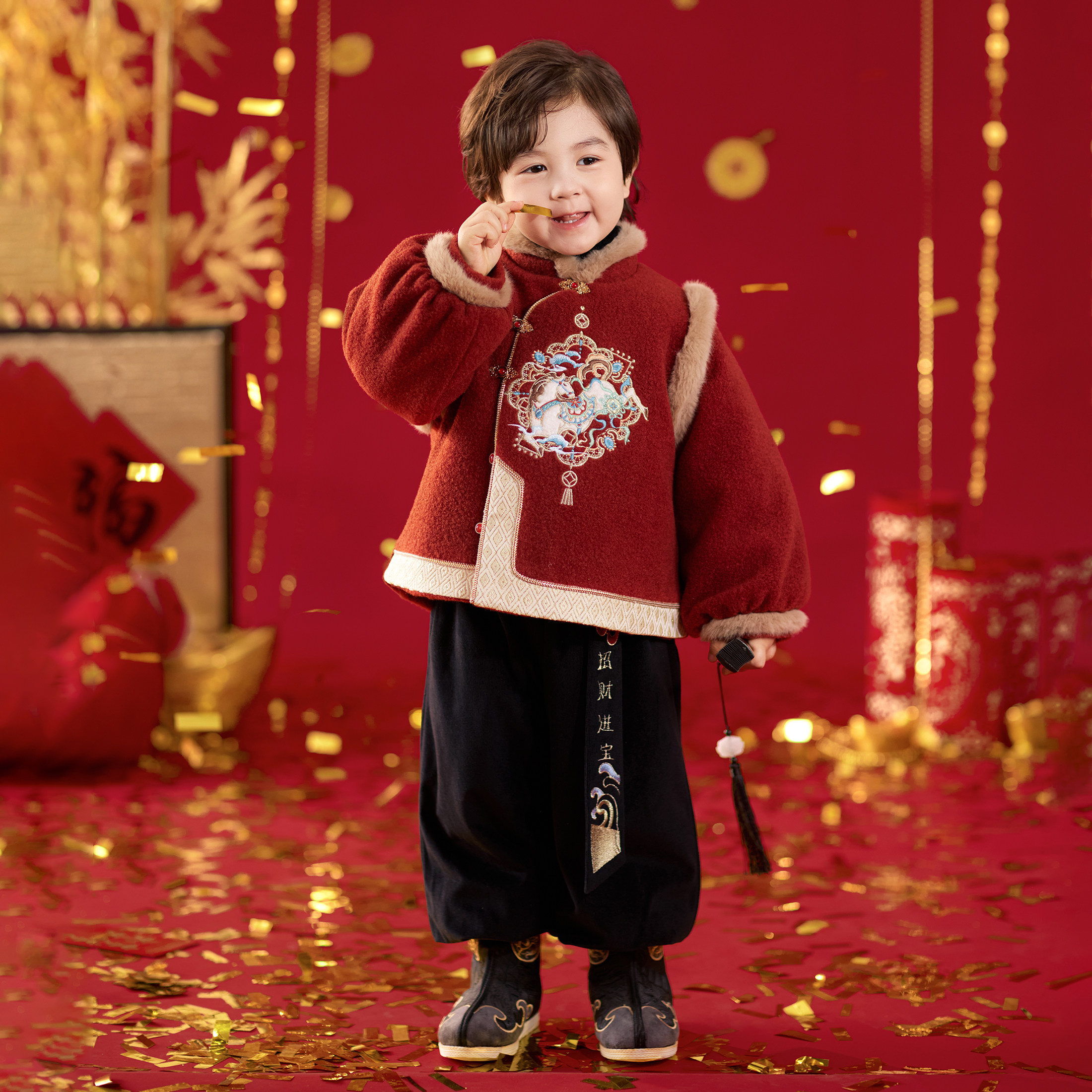 男童拜年服新中式马年汉服儿童国风喜庆过年衣服演出服套装唐装冬,淘宝优惠券,粉丝福利购,淘宝优惠卷