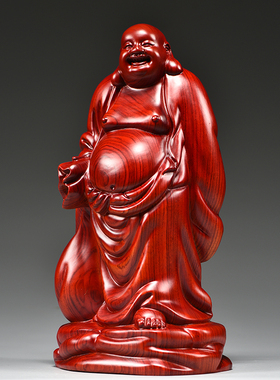 红色木雕弥勒佛像摆件实木大肚笑佛客厅办公室家用玄关红木工艺品