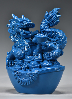 蓝色龙摆件实木质雕刻十二生肖黑龙家居补角吉祥物装饰红木工艺品