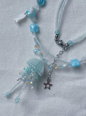 蓝色系水母串珠项链一条 清新海洋小众文艺设计长度43加5厘米左右